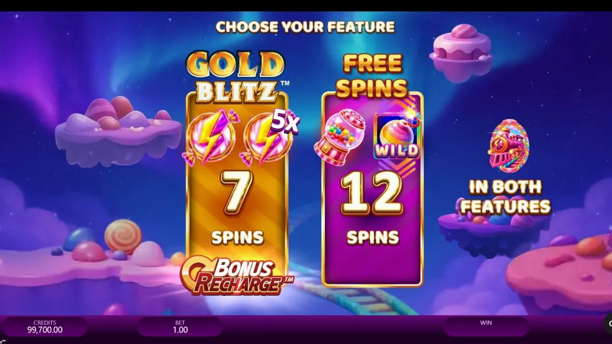 Candy Express Gold Blitz slot machine interface na may makukulay na kendi at tren